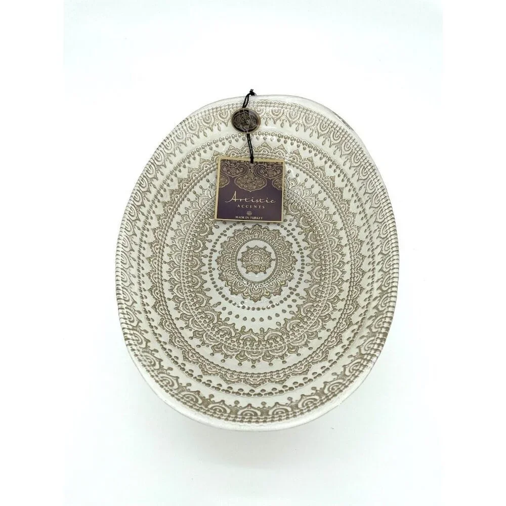 Artistic Accents White Glass Oval Serving Bowl Gold Lace Print Handmade NWT